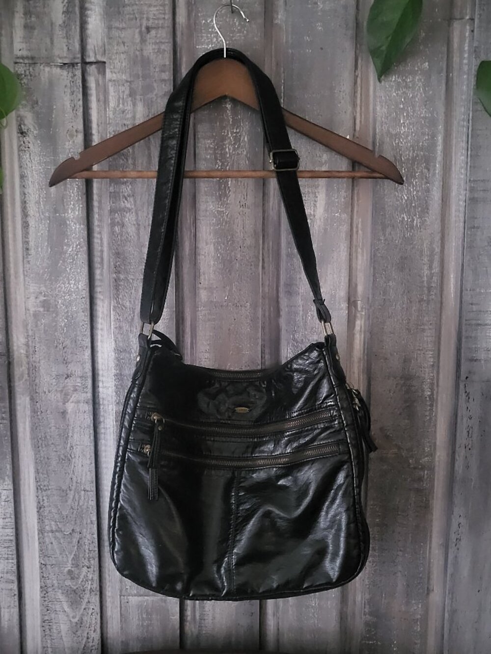 Crossbody Bag Cargo Black Faux Leather Multi-Zip Expandable